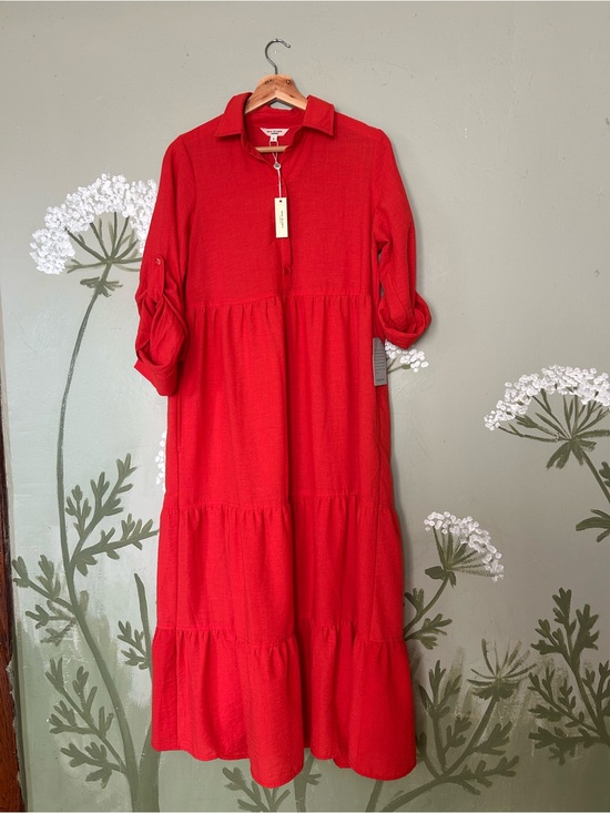 Max Studio Dresses & Skirts - NWT Max Studio Papaya Red Tiered Maxi Shirt Dress w/ pockets